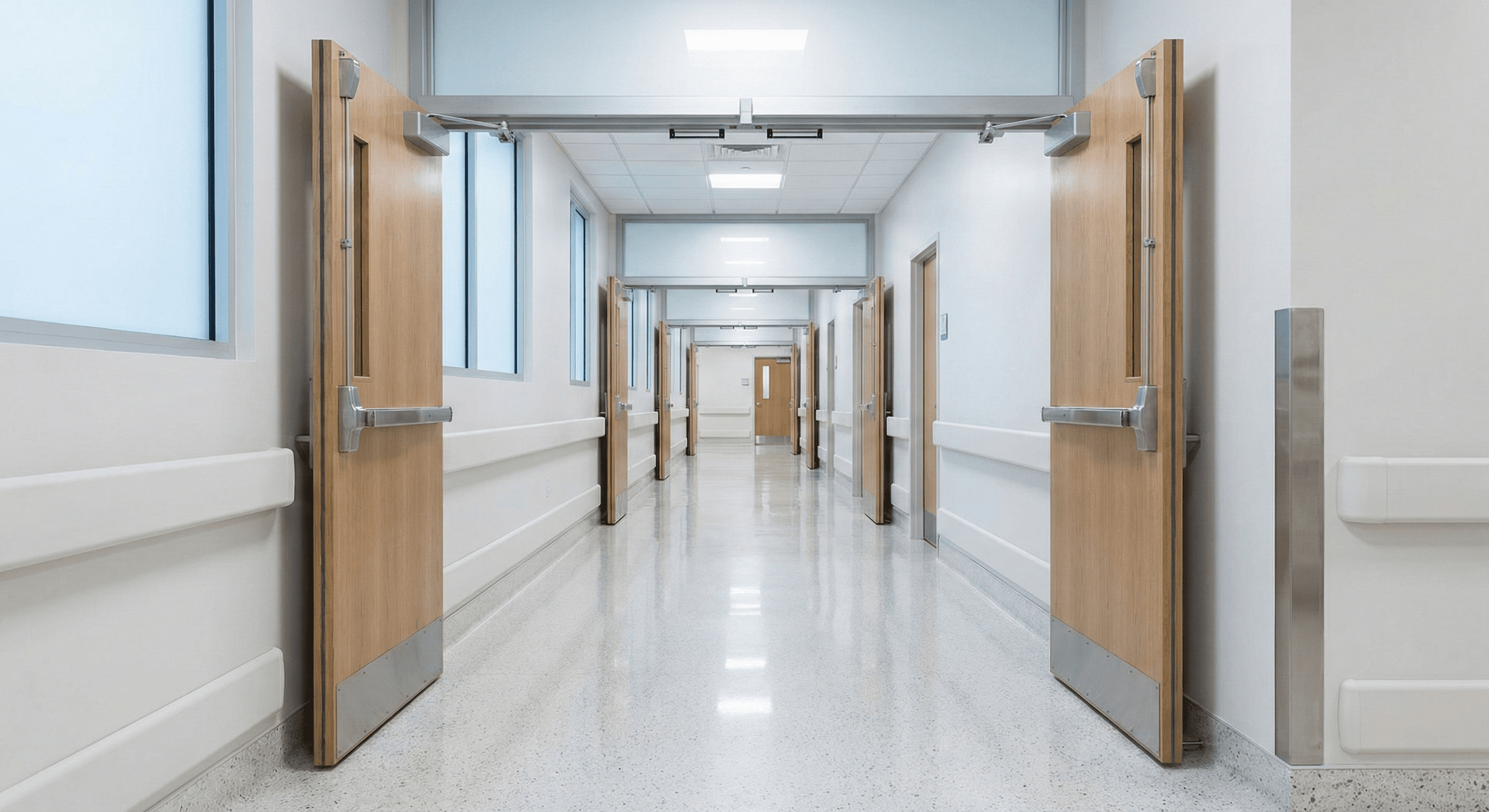 Hospital corridor featuring heavy-duty commercial hardware and doors
